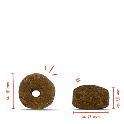 Rundes Trockenfutterstück mit Loch, Durchmesser ca. 17 mm, Höhe ca. 7,5 mm. Maße sind auf dem Bild markiert.