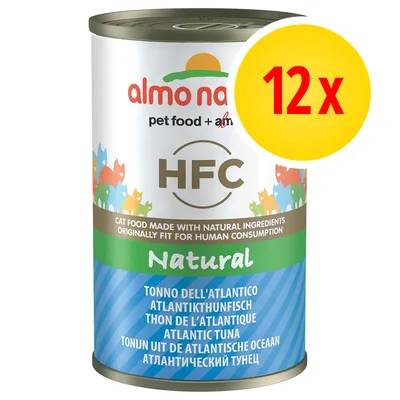 Konzerva almo nature HFC Natural Atlantic Tuna, 12×. Text: pet food + am, CAT FOOD MADE WITH NATURAL INGREDIENTS ORIGINALLY FIT FOR HUMAN CONSUMPTION, Natural, ATLANTIC TUNA. Konzerva almo nature HFC Natural Atlantic Tuna, 12×. Text: pet food + am, CAT FOOD MADE WITH NATURAL INGREDIENTS ORIGINALLY FIT FOR HUMAN CONSUMPTION, Natural, ATLANTIC TUNA.