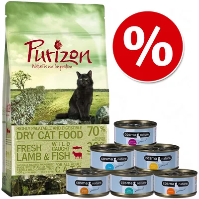 Purizon suha hrana za mačke, 400 g, s natpisom '70% selected meat & fish', uz šest konzervi Cosma Nature različitih okusa i crveni simbol postotka za akciju.