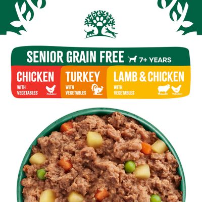 Senior grain free food for pets aged 7+ years, available in chicken with vegetables, turkey with vegetables, and lamb and chicken with vegetables. Image shows bowl of food with visible vegetables.