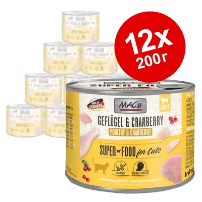 Комплект 12 консерви по 200 г MAC's Geflügel & Cranberry, Super Food for Cats. Видими надписи: Made in Germany, Adult, Grainfree, High meat content, Poultry & Cranberry.