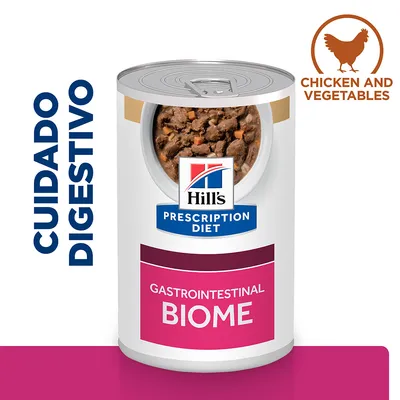 Lata de Hill's Prescription Diet Gastrointestinal Biome. Texto visible: CUIDADO DIGESTIVO, CHICKEN AND VEGETABLES. Lata de Hill's Prescription Diet Gastrointestinal Biome. Texto visible: CUIDADO DIGESTIVO, CHICKEN AND VEGETABLES.