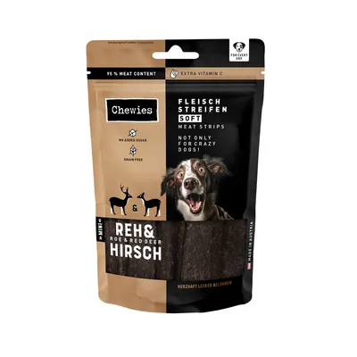 Chewies soft meat strips with roe and red deer, 95% meat content, extra vitamin C, no added sugar, grain free, not only for crazy dogs. Made in Austria.