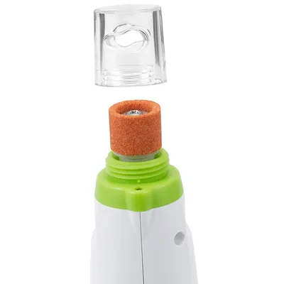 Electric claw grinder with green handle, orange grinding head and removable transparent protective cap.