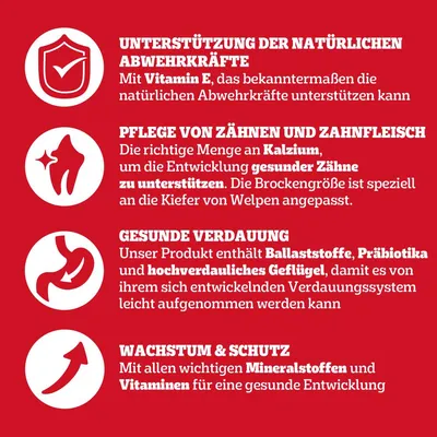 Unterstützung der natürlichen Abwehrkräfte mit Vitamin E, Pflege von Zähnen und Zahnfleisch mit Kalzium, gesunde Verdauung mit Ballaststoffen, Wachstum & Schutz mit Mineralstoffen und Vitaminen.