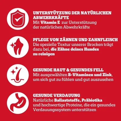 Unterstützung der natürlichen Abwehrkräfte mit Vitamin E, Pflege von Zähnen und Zahnfleisch, gesunde Haut & Fell mit B-Vitaminen und Zink, gesunde Verdauung mit Ballaststoffen und Präbiotika.