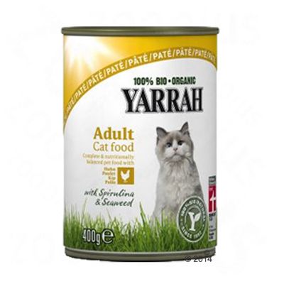 Yarrah 100% Bio Organic Adult Cat food, Paté, Huhn Poulet Kip Pollo, with Spirulina & Seaweed, 400 g dåse. Synlig grøn certificeringsmærke.