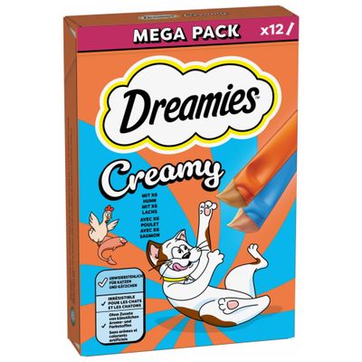 Dreamies Creamy Mega Pack x12, sin azúcares añadidos, sin aromas artificiales. Contiene 6x pollo y 6x salmón. Envase con gato y símbolo de reciclaje.