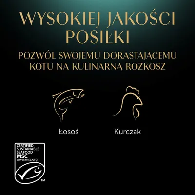 Wysokiej jakości posiłki. Łosoś i kurczak jako składniki. Certyfikowany przez MSC, zrównoważony połów ryb.