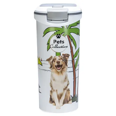 Recipiente de comida com inscrição 'Pets Collection', motivo de palmeiras e imagem de um cão. Recipiente branco com tampa cinzenta.