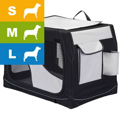Portable pet carrier shown with mesh panels and side pockets. Size options indicated as S, M, and L with corresponding animal silhouettes.