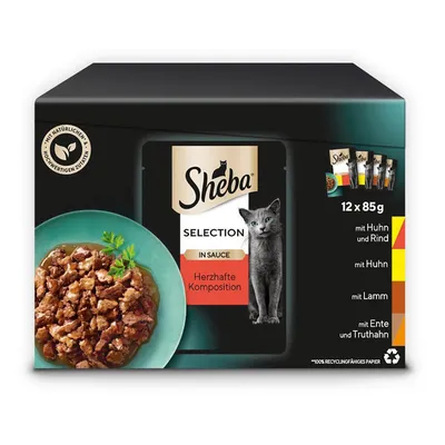 Sheba Selection in Sauce, Herzhafte Komposition, lot de 12 x 85 g. Variétés : poulet et bœuf, poulet, agneau, canard et dinde. Texte en allemand sur l’emballage.