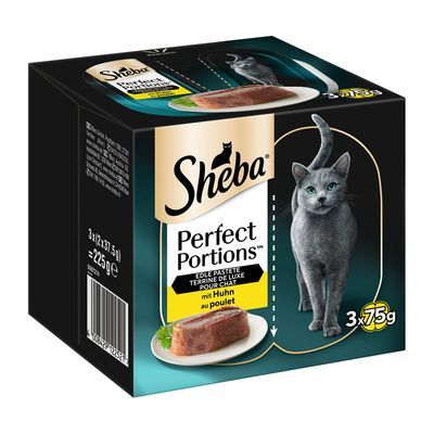 Sheba Perfect Portions kattenvoer, edele paté met kip, 3 x 75 g, totaal 225 g. Verpakking toont portie paté op een bord en kat. Tekst in Duits en Frans zichtbaar.