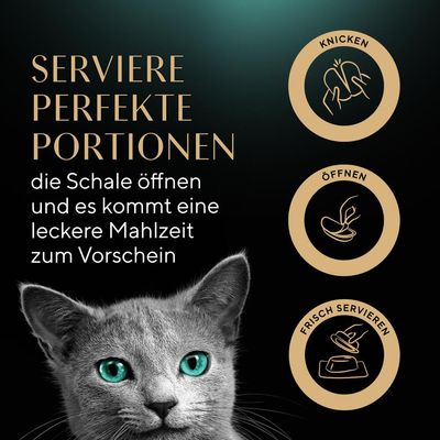 Serviere perfekte Portionen: Die Schale öffnen und es kommt eine leckere Mahlzeit zum Vorschein. Icons zeigen Schritte Knicken, Öffnen und Frisch Servieren.