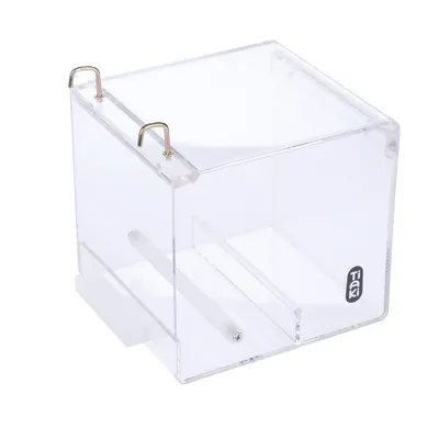 Transparent acrylic box with two metal hooks and Tiki logo, suitable for storage or attachment. Transparent acrylic box with two metal hooks and Tiki logo, suitable for storage or attachment.
