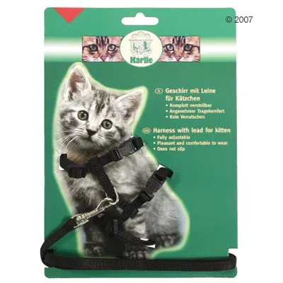 Arnés negro con correa para gatitos, marca Karlie. Texto visible: totalmente ajustable, cómodo de llevar, no se desliza. Incluye instrucciones en alemán e inglés.