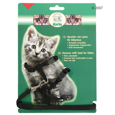 Arnés negro con correa para gatitos, marca Karlie. Texto visible: totalmente ajustable, cómodo de llevar, no se desliza. Incluye instrucciones en alemán e inglés.