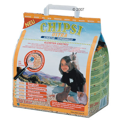 Opakowanie Chipsi Ultra, drobne granulki ściółki dla małych zwierząt, pojemność 10 litrów. Widoczne cechy: siła chłonna, wiązanie zapachów, efektywność, higiena, delikatność. Opakowanie Chipsi Ultra, drobne granulki ściółki dla małych zwierząt, pojemność 10 litrów. Widoczne cechy: siła chłonna, wiązanie zapachów, efektywność, higiena, delikatność.