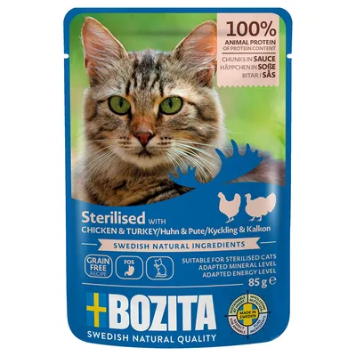 Bozita kattmat för steriliserade katter, kyckling och kalkon i sås, 100 % animaliskt protein, spannmålsfri, svenska ingredienser, 85 g, tillverkad i Sverige.