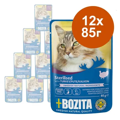Пакетчета Bozita Sterilised с пуешко за котки, 12 броя по 85 г. Видими надписи: Grain Free Recipe, Swedish Natural Ingredients, Suitable for sterilised cats, Made in Sweden. Пакетчета Bozita Sterilised с пуешко за котки, 12 броя по 85 г. Видими надписи: Grain Free Recipe, Swedish Natural Ingredients, Suitable for sterilised cats, Made in Sweden.