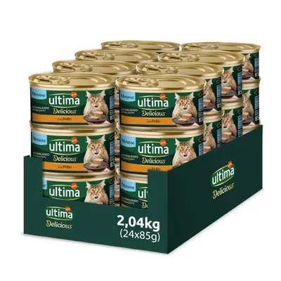 ultima Spumă Delicioasă pentru pisici sterilizate cu pui, 24 de conserve a câte 85 g, greutate totală 2,04 kg. Imaginea produsului prezintă mai multe conserve în ambalaj de carton. ultima Spumă Delicioasă pentru pisici sterilizate cu pui, 24 de conserve a câte 85 g, greutate totală 2,04 kg. Imaginea produsului prezintă mai multe conserve în ambalaj de carton.