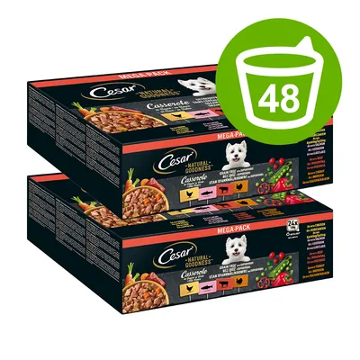 Cesar Natural Goodness Casserole Mega-Pack, 48 Portionen, getreidefrei, mit Huhn und Gemüse. Verpackung zeigt Zutaten wie Karotten und Erbsen.