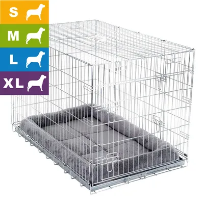 Metall-Gitterbox mit grauem Kissen. Links farbige Größenauswahl: S, M, L, XL mit Silhouetten von vier verschiedenen Hunden.