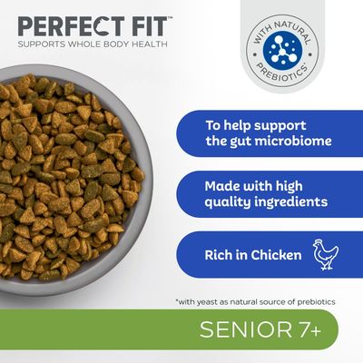 PERFECT FIT, supports whole body health. With natural prebiotics. To help support the gut microbiome. Made with high quality ingredients. Rich in Chicken. SENIOR 7+. Tekst på engelsk.