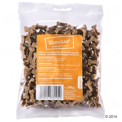 Chewies Lammlknöchelchen, balenie 200 g. Viditeľné zloženie: mäso a živočíšne vedľajšie produkty (5 % jahňacie), obilniny. Analýza: bielkoviny 30,9 %, tuk 6,5 %, popol 5 %, vláknina 2 %, vlhkosť 25 %.