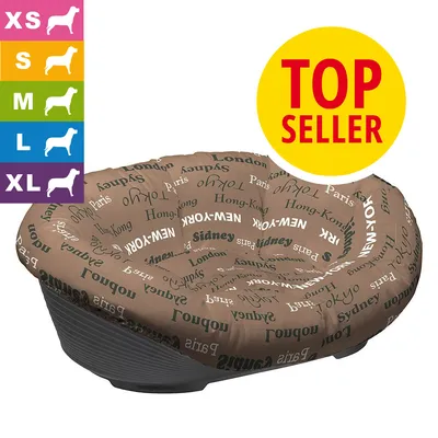 Cuscino marrone per cani con scritte di città, disponibile in taglie XS, S, M, L, XL. Etichetta gialla con testo rosso: TOP SELLER.