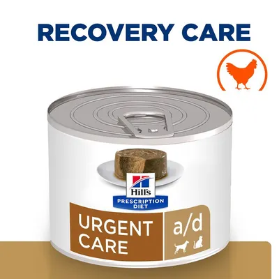 Κονσέρβα Hill's Prescription Diet URGENT CARE a/d με εικόνα σκύλου και γάτας, κείμενο RECOVERY CARE και εικονίδιο κοτόπουλου.