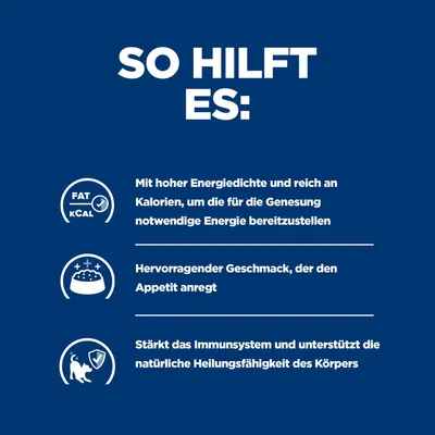Texte en allemand : haute densité énergétique, goût excellent stimulant l’appétit, renforce le système immunitaire et soutient la capacité naturelle de guérison du corps.