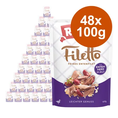 Rinti Filetto Feines Entenfilet mit Entenherz in Jelly, lot de 48 sachets de 100 g. Texte visible : 'Leichter Genuss'. Image du produit et mention 48x100g.