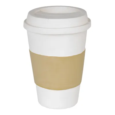 Toy in the shape of a white coffee cup with beige handle strap, suitable for pets.