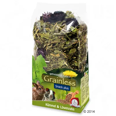 Grainless Snack plus, без зърнени храни, кимион и глухарче. Опаковката показва заек и морско свинче. Подходящо за стомаха.