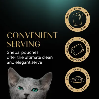 Instructions for Sheba pouches: open the pouch, squeeze out contents, and serve. Text states Sheba pouches offer a clean and elegant serving method.