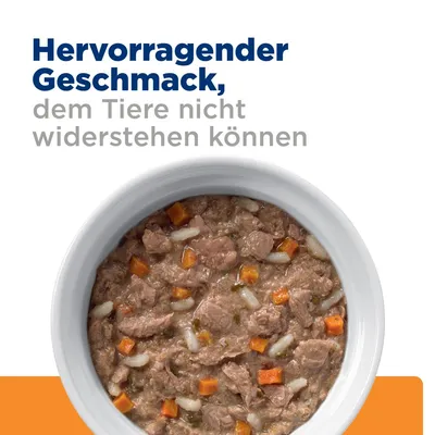 Hervorragender Geschmack, dem Tiere nicht widerstehen können. Abgebildet ist eine Schüssel mit Nassfutter, bestehend aus Fleischstücken, Karotten und Reis.