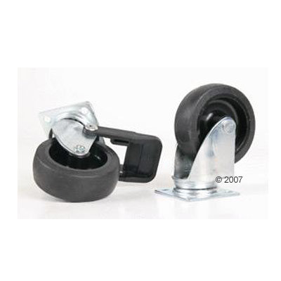 Deux roulettes pivotantes en métal et plastique noir, l’une avec frein visible, sur support de fixation rectangulaire.