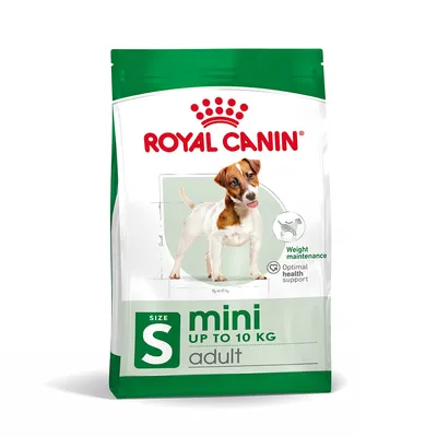 Συσκευασία Royal Canin mini S adult, up to 10 kg. Weight maintenance, optimal health support. Εικόνα μικρού σκύλου στη συσκευασία.
