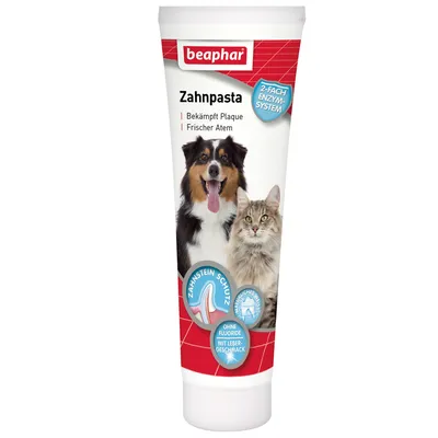 beaphar tandpasta til hunde og katte. Bekæmper plak, frisk ånde, beskytter mod tandsten, uden fluorid, med lever-smag, dobbelt enzym-system.