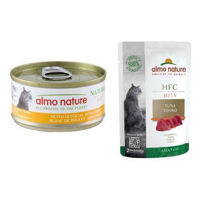 Boîte de 70 g Almo Nature HFC, thon de l’Atlantique, avec texte 'ALL PROFITS TO THE PLANET' et image d’un chat sur l’étiquette.