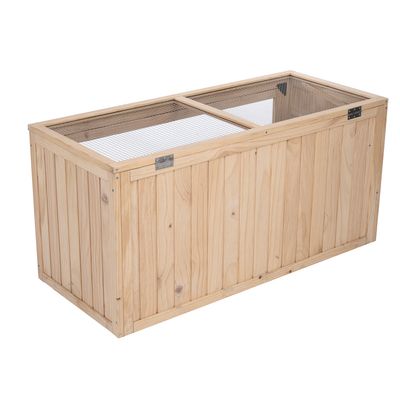 Wooden enclosure with metal grid cover, rectangular shape, two separate sections, suitable for small animals.