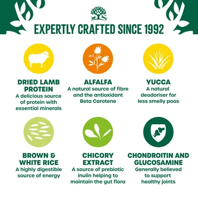 Expertly crafted since 1992. Dried lamb protein, alfalfa, yucca, brown & white rice, chicory extract, chondroitin and glucosamine as ingredients with brief descriptions. Expertly crafted since 1992. Dried lamb protein, alfalfa, yucca, brown & white rice, chicory extract, chondroitin and glucosamine as ingredients with brief descriptions.
