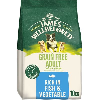 Grain free adult food for 1-7 years, hypoallergenic for pets with sensitivities, rich in fish and vegetable, 10kg pack. Complete and balanced.