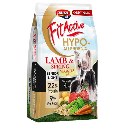 Panzi Pet Fit Active hypoalergenní Senior Light suché krmivo s jehněčím a jarní zeleninou, 22 % bílkovin, 9 % tuku a oleje, čistá hmotnost 4 kg.
