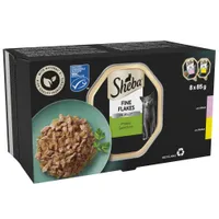 Sheba Fine Flakes in Jelly Mixed Selection, 8 x 85g. Features natural high quality ingredients, MSC certified sustainable seafood, recyclable packaging, with salmon and chicken varieties.