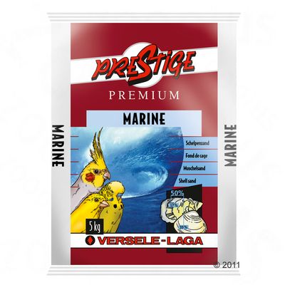 Опаковка Versele-Laga Prestige Premium Marine, 5 кг. Изображение на две папагалчета, мида и надписи: Shell sand, 50 %, 17 %, 33 %.