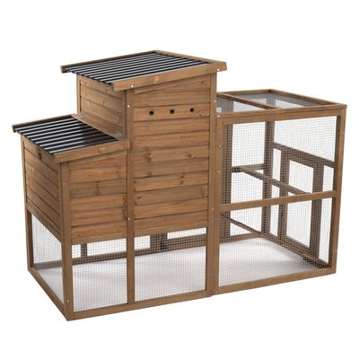 Wooden enclosure with two levels, metal mesh walls and black roof. Suitable for outdoor use or small animals.