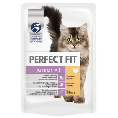 PERFECT FIT junior <1 kattemad, rig på kylling. Tekst: Optimal fordøjelse, sund udvikling af skelet, stærkt immunsystem. Udviklet med dyrlæger fra Waltham Centre for Pet Nutrition.
