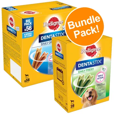 Pedigree Dentastix bundle pack, one box with 56 sticks for daily oral care and one box with 28 Daily Fresh sticks. Large orange label reads 'Bundle Pack!'.